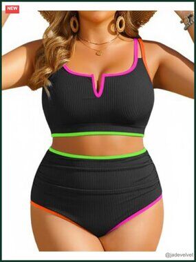 Plus Size High Waisted Bikini Two Piece Tummy Control Swimwear V-Wired
